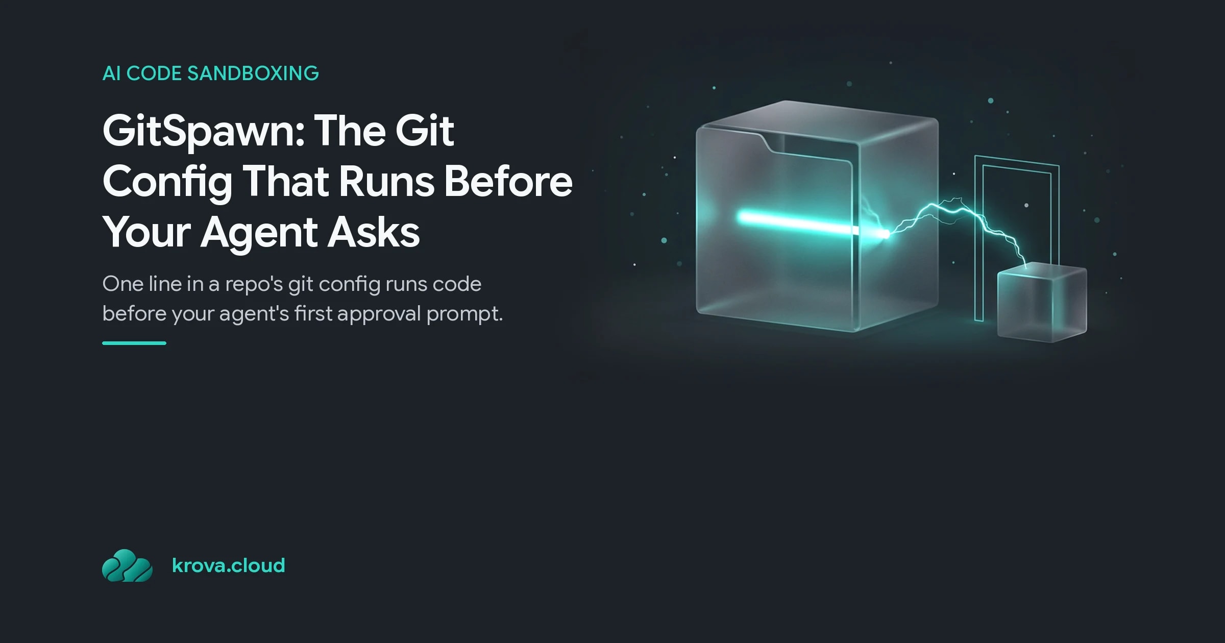 GitSpawn: The Git Config That Runs Before Your Agent Asks: a frosted folder-cube with one bright teal config line and a spark jumping to an agent cube beside an open gate