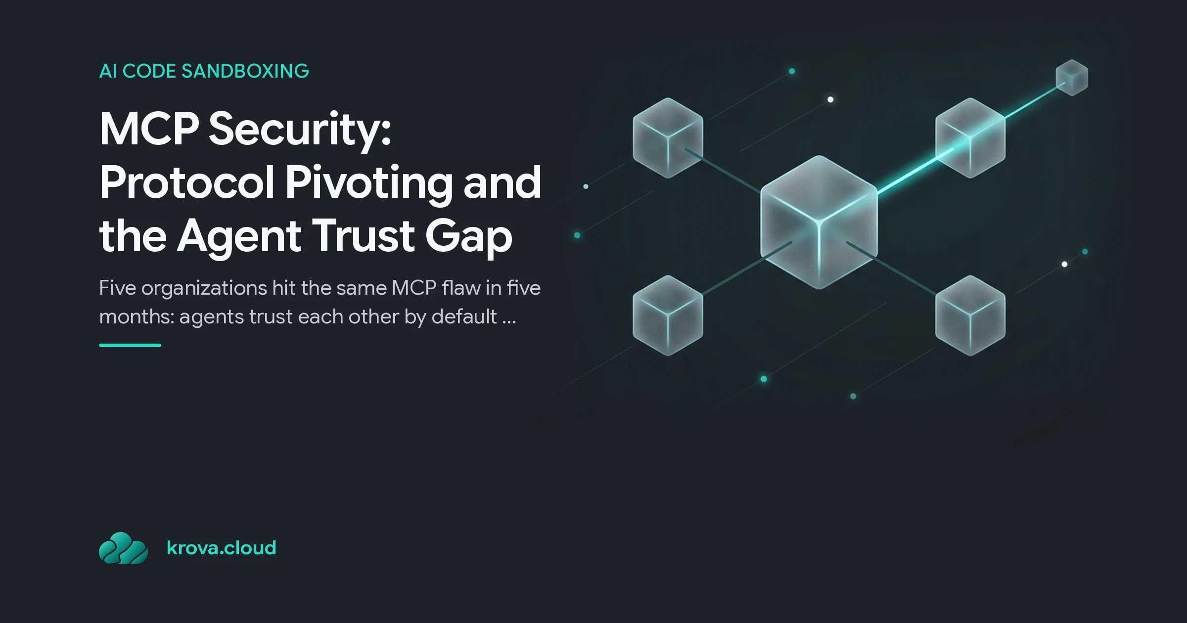 MCP Security: Protocol Pivoting and the Agent Trust Gap: a translucent hub cube with thin teal delegation lines reaching smaller agent cubes, one crossing an unwatched corridor