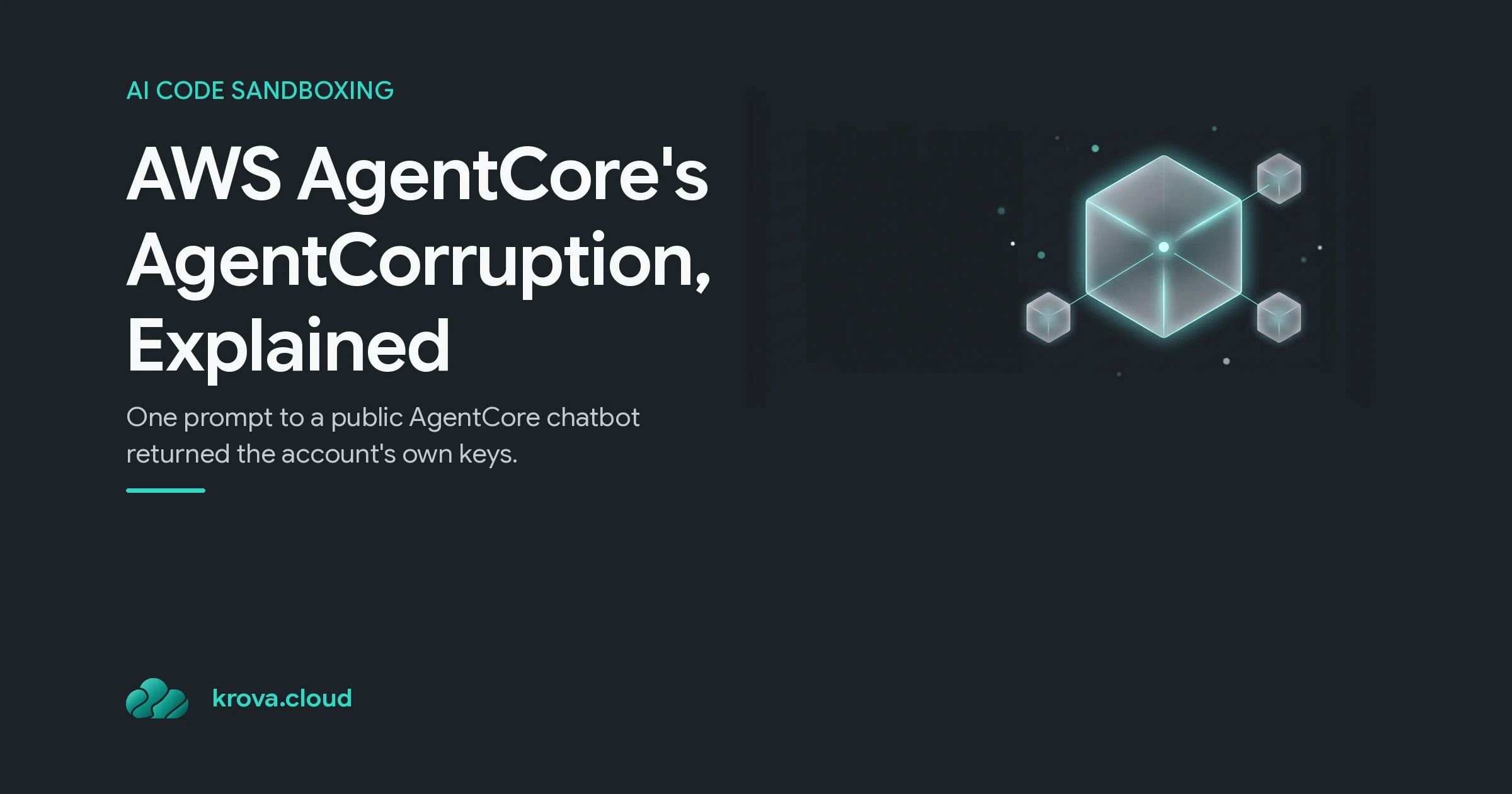 AWS AgentCore's AgentCorruption, Explained: a translucent microVM cube with a small metadata beacon glowing inside its walls and thin teal credential lines reaching sibling cubes outside
