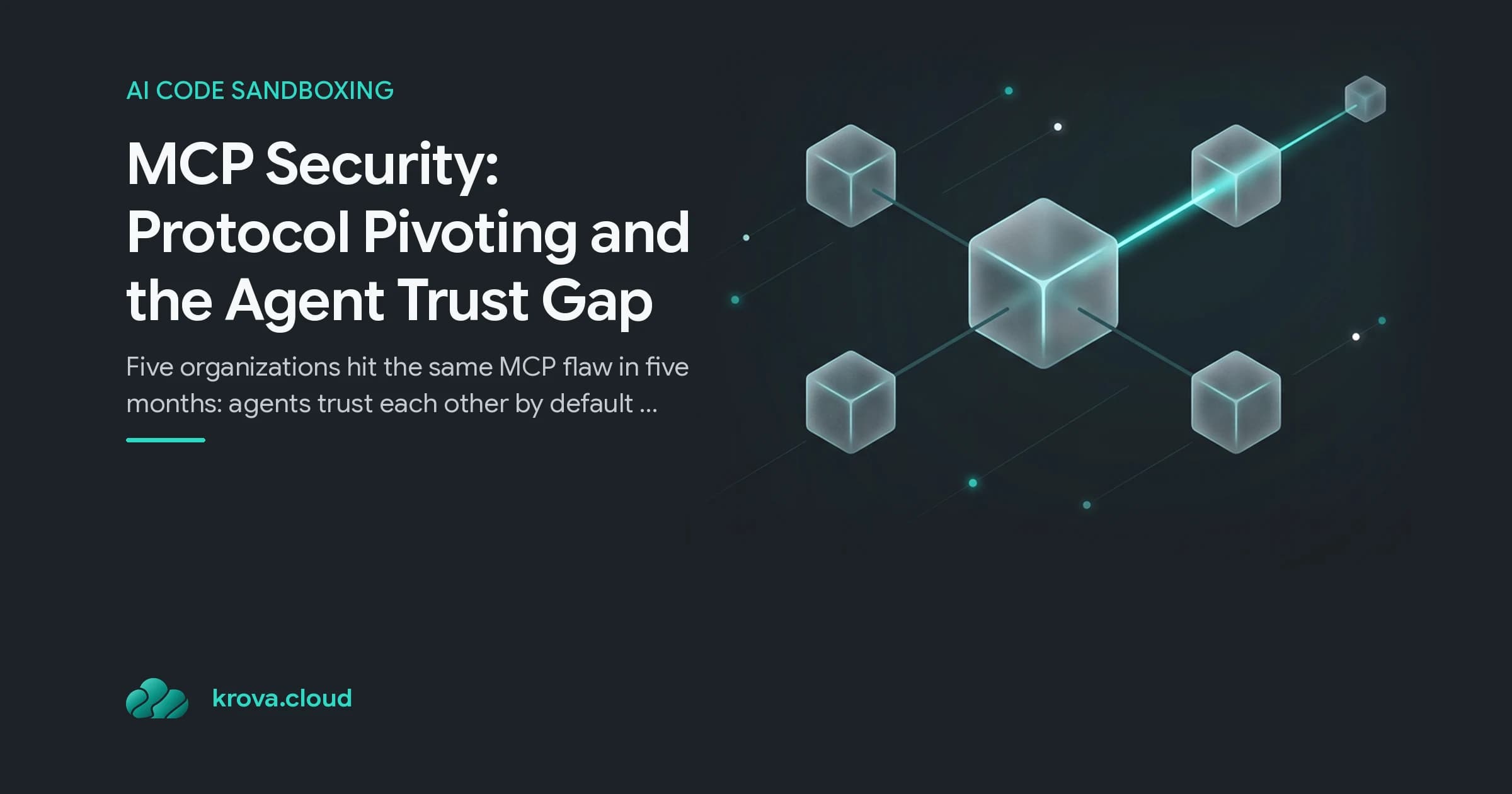 MCP Security: Protocol Pivoting and the Agent Trust Gap: a translucent hub cube with thin teal delegation lines reaching smaller agent cubes, one crossing an unwatched corridor